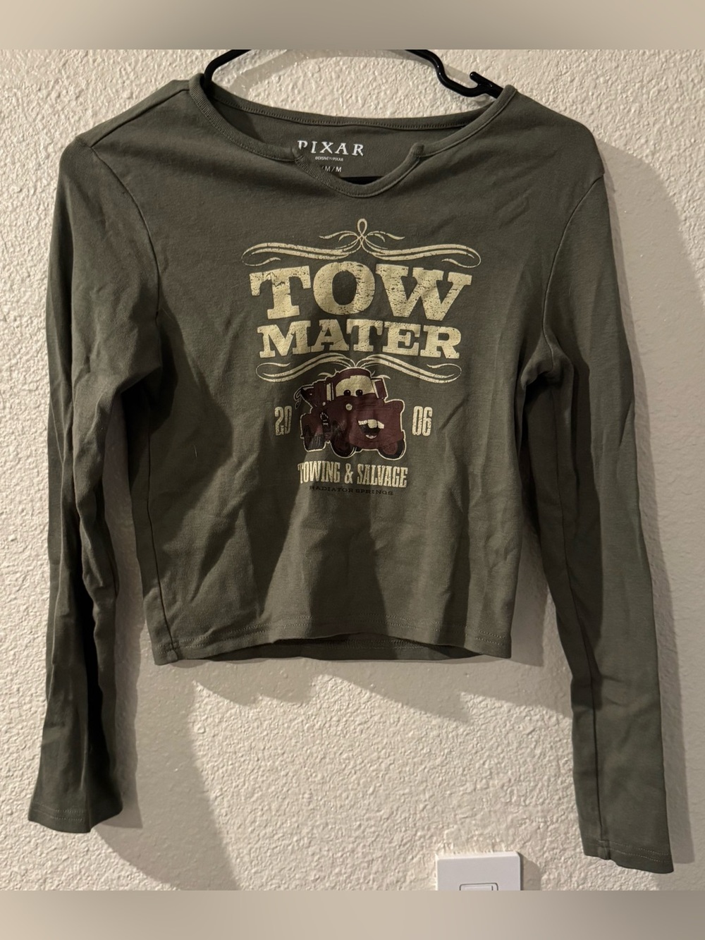 Pixar Tow Mater Olive Green Long-Sleeve Graphic Tee